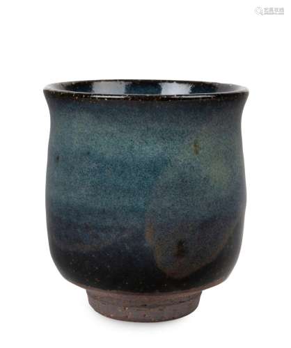 Japanese studio pottery beaker with blue glaze in original b...