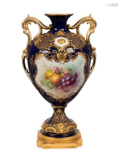 ROYAL WORCESTER antique porcelain blue and gilt mantel vase ...