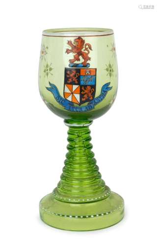 An antique German green glass roemer with fine enamel crest ...