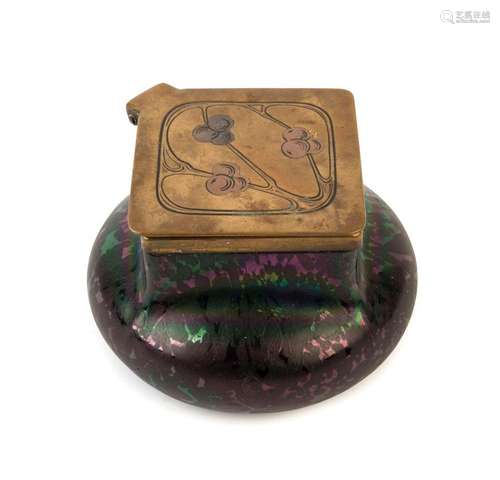 LOETZ Art Nouveau iridescent glass inkwell with engraved lid...