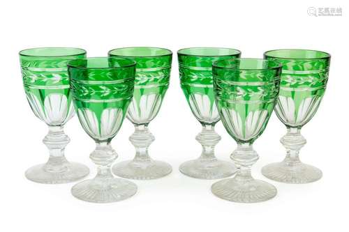 A set of 6 antique green overlay wine glasses, 19th century,...