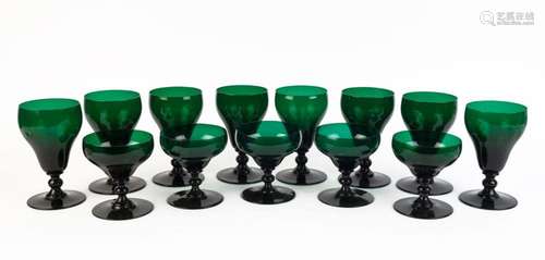 Thirteen assorted vintage green glasses, early 20th century,...