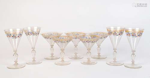 Nine assorted fine Venetian enamel glasses, circa 1920s, 16c...