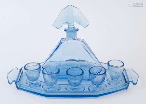 A Bohemian Art Deco blue glass decanter, tray and 5 liqueur ...