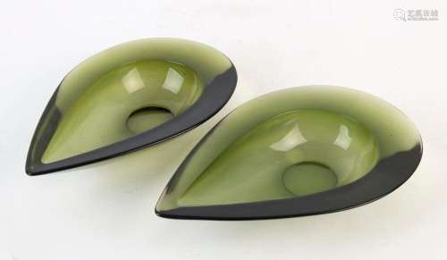 DENJI TAKEUCHI pair of green teardrop shaped art glass bowls...