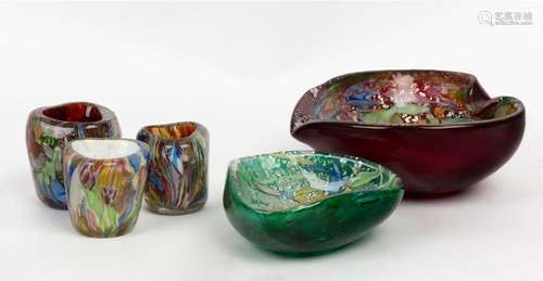 Five pieces of Italian tutti-frutti Murano glass ware, mid 2...