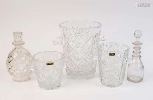 Three assorted crystal ice buckets and two decanters, 19th a...