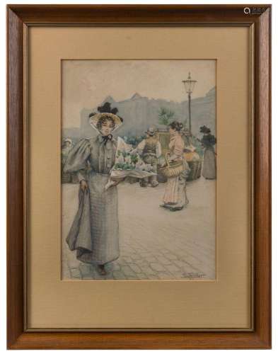 PAUL FISCHER (1860-1934), (lady with flowers, street market)...