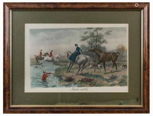 Hunting scene print titled "THANKS AWFULLY", colou...