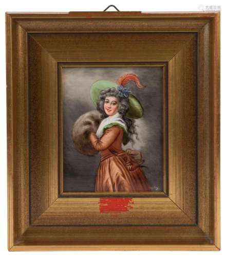 Early 20th Century porcelain plaque with hand-painted female...