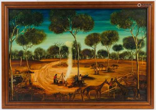 RAY REEVES (working 1990s), (bush horse muster), oil on boar...