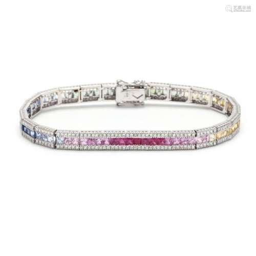 White Gold, Multi-Color Sapphire, and Diamond Line Bracelet