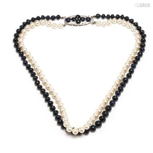 Pearl and Sapphire Necklace with Platinum, Sapphire, and Dia...