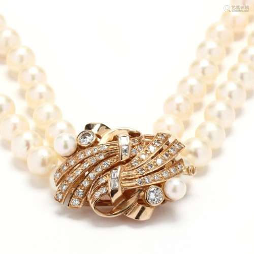 Double Strand Pearl Necklace with Gold and Diamond Set Clasp