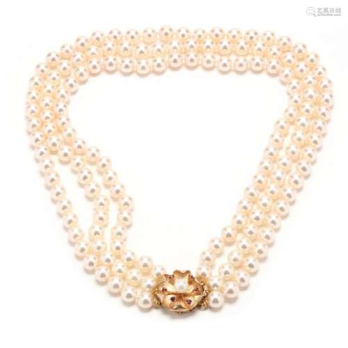 Triple Strand Pearl Necklace with Gold and Ruby Clasp