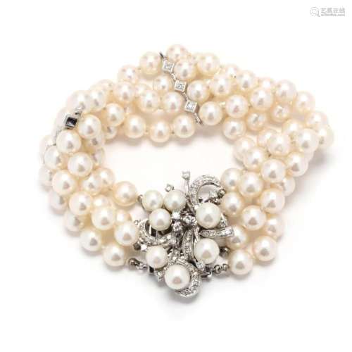 Multi-Strand Pearl Bracelet with White Gold and Diamond Set ...