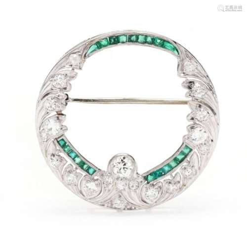 Art Deco Platinum, Diamond, and Emerald Circle Brooch