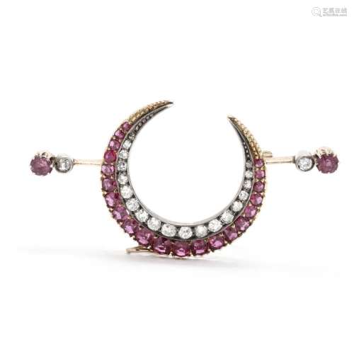 Antique Silver Topped Gold, Diamond, and Ruby Crescent Brooc...