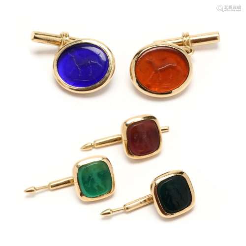 Gold and Multi-Color Venetian Glass Intaglio Cufflink and St...