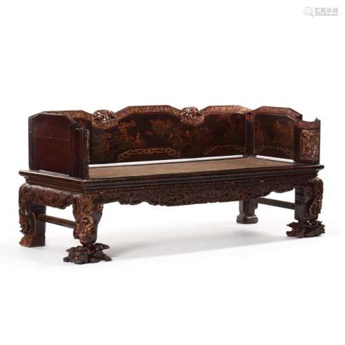 A Chinese Carved and Lacquered Opium Daybed