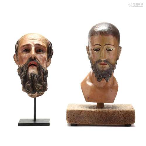 Two Antique Continental Carved Heads of Saints
