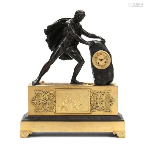 An Empire DorÃ© and Patinated Bronze Mantel Clock Figuring T...