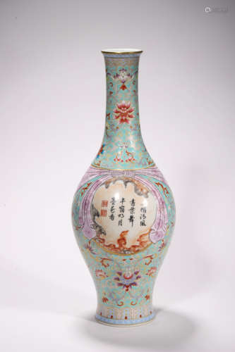 Falangcai and Faux-bois Glaze Inscribed Bundle Vase