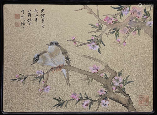 任伯年 桃花双雀 镜框镶嵌 纸本