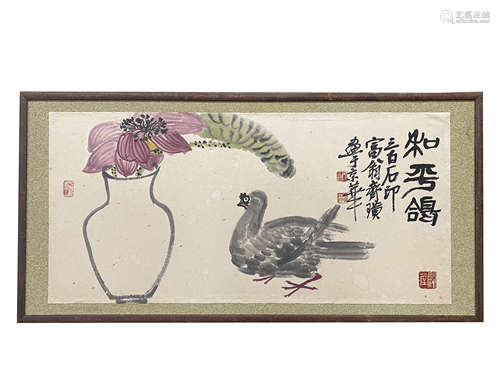 齐白石 和平鸽 镜框镶嵌 纸本