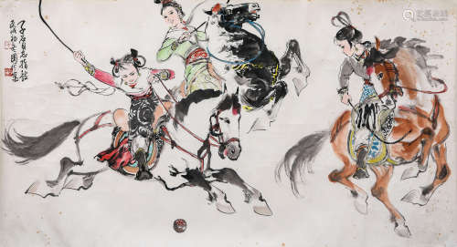毛国伦 壬戌（1982年）作马球戏 纸本设色 软片