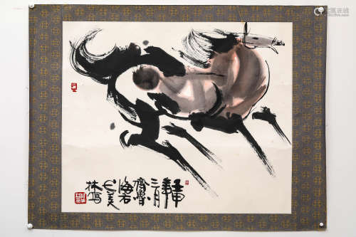 韩美林 壬申（1992年）作奔马 纸本设色 镜芯