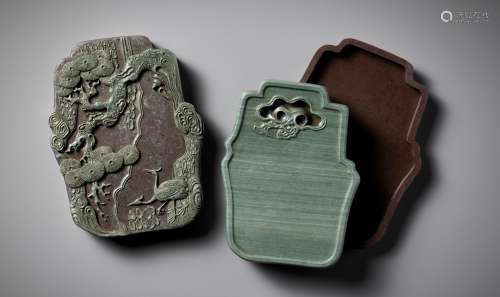A SONGHUA INK STONE, BOX AND COVER, QIANLONG MARK AND PERIOD