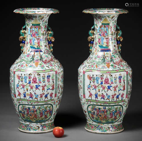 AN EXCEPTIONALLY LARGE PAIR OF FAMILLE ROSE PALACE VASES, 19...