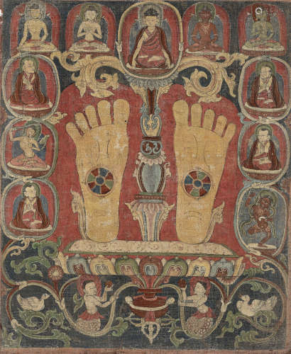 A RARE THANGKA WITH THE FOOTPRINTS OF A KARMAPA, TIBET, 14TH...