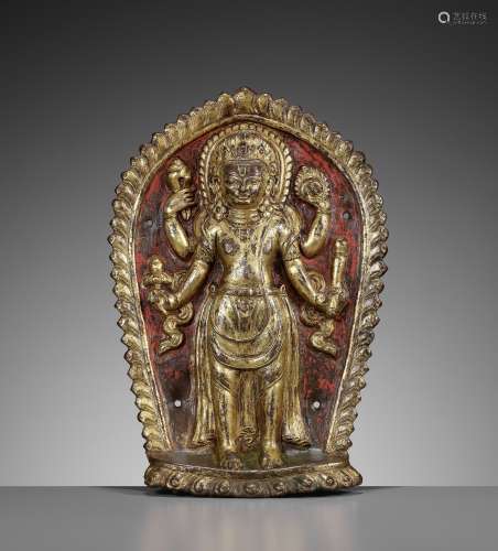 A GILT COPPER REPOUSSE PLAQUE OF VISHNU, 16TH-17TH CENTURY