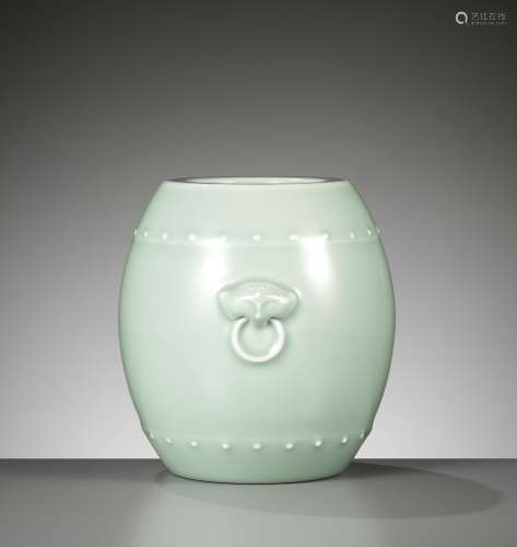 A CELADON-GLAZED DRUM-SHAPED VESSEL, JIAQING MARK AND PERIOD