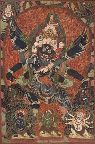 A VERY LARGE THANGKA OF A HERUKA AND CONSORT, TIBET, 18TH-19...