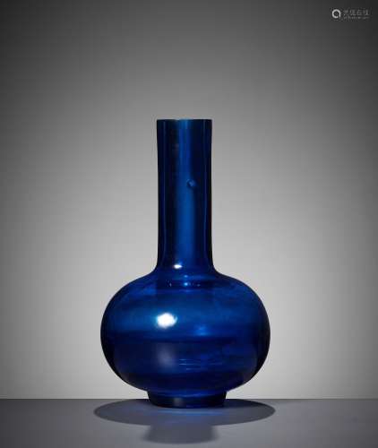 A RARE AQUAMARINE BLUE GLASS BOTTLE VASE, QIANLONG MARK AND ...
