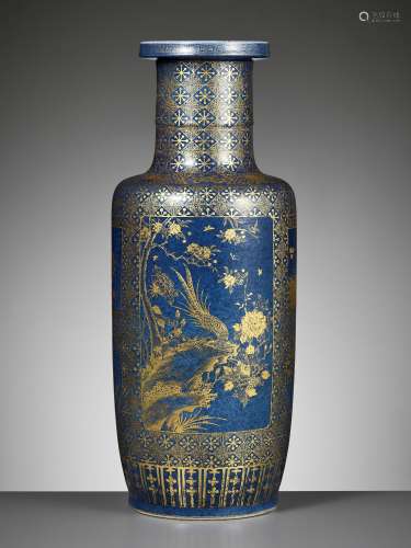 A MAGNIFICENT POWDER-BLUE AND GILT-DECORATED ROULEAU VASE, K...