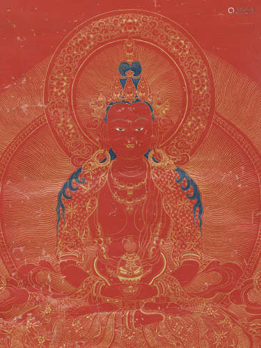 A RED-GROUND AND GILT THANGKA OF AMITAYUS, WULIANG SHOUFO