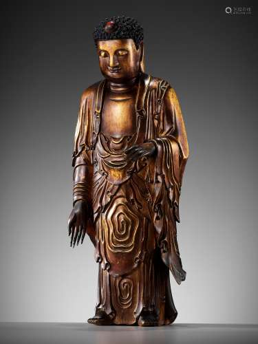 A LARGE AND IMPORTANT LACQUER-GILT WOOD FIGURE OF BUDDHA, 17...