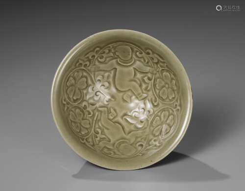 A MOLDED AND INCISED YAOZHOU CELADON 'TWO BOYS' CONICAL BOWL...