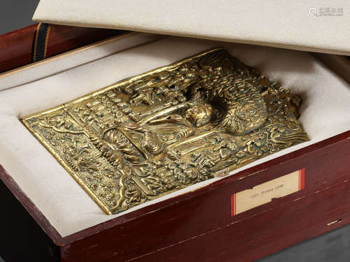 A LARGE AND IMPORTANT BUDDHIST VOTIVE PLAQUE, GILT COPPER RE...