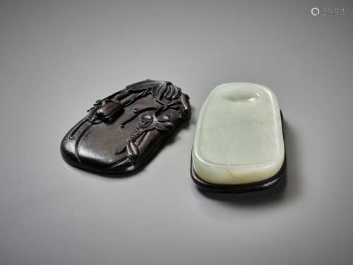A PALE CELADON JADE INKSTONE WITH MATCHING ZITAN STAND AND C...