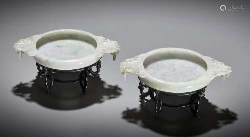 A PAIR OF RARE MUGHAL-STYLE JADEITE MARRIAGE BOWLS, LATE QIN...