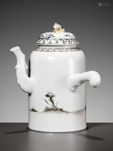 A GRISAILLE-DECORATED CHOCOLATE POT AND COVER, 18TH CENTURY
