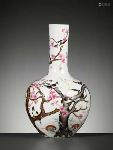 A FAMILLE ROSE 'TWELVE MAGPIES AND PRUNUS' VASE, TIANQIUPING...