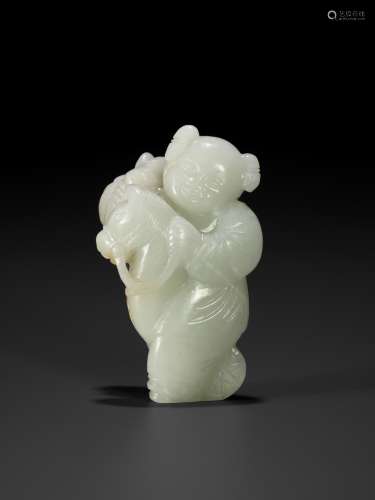 A PALE CELADON FIGURE OF A BOY WITH A HOBBY HORSE, 18TH CENT...