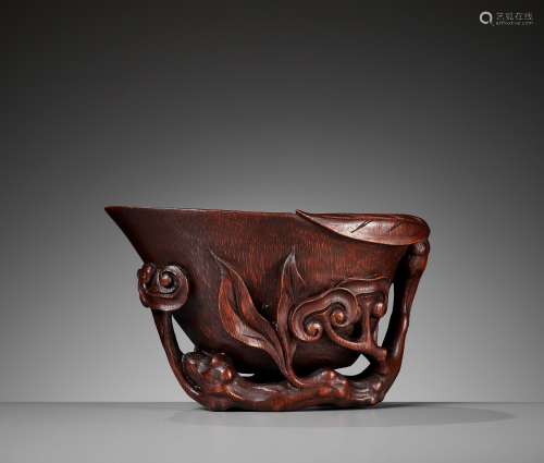 A COPPER-RED LACQUERED BAMBOO 'LINGZHI' LIBATION CUP, MING D...