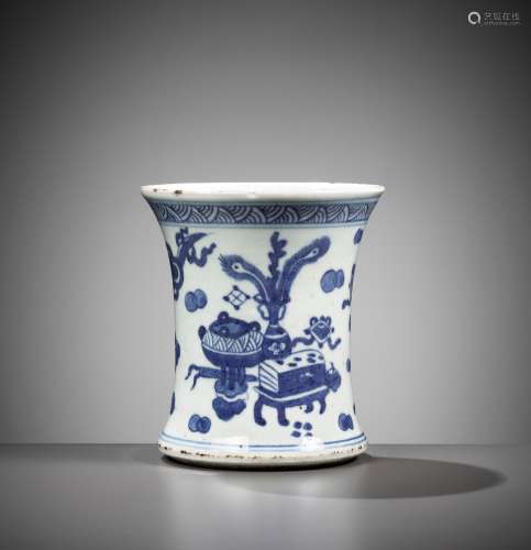 A BLUE AND WHITE WAISTED 'ANTIQUE TREASURES' BRUSHPOT, BITON...